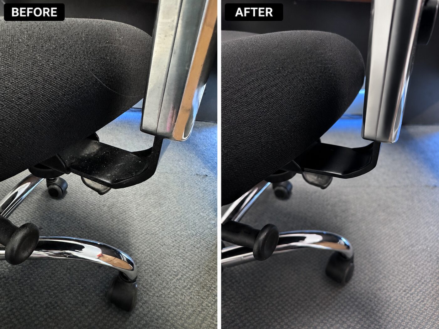 Chair arms and fabric — before and after cleaning by Pink Glove