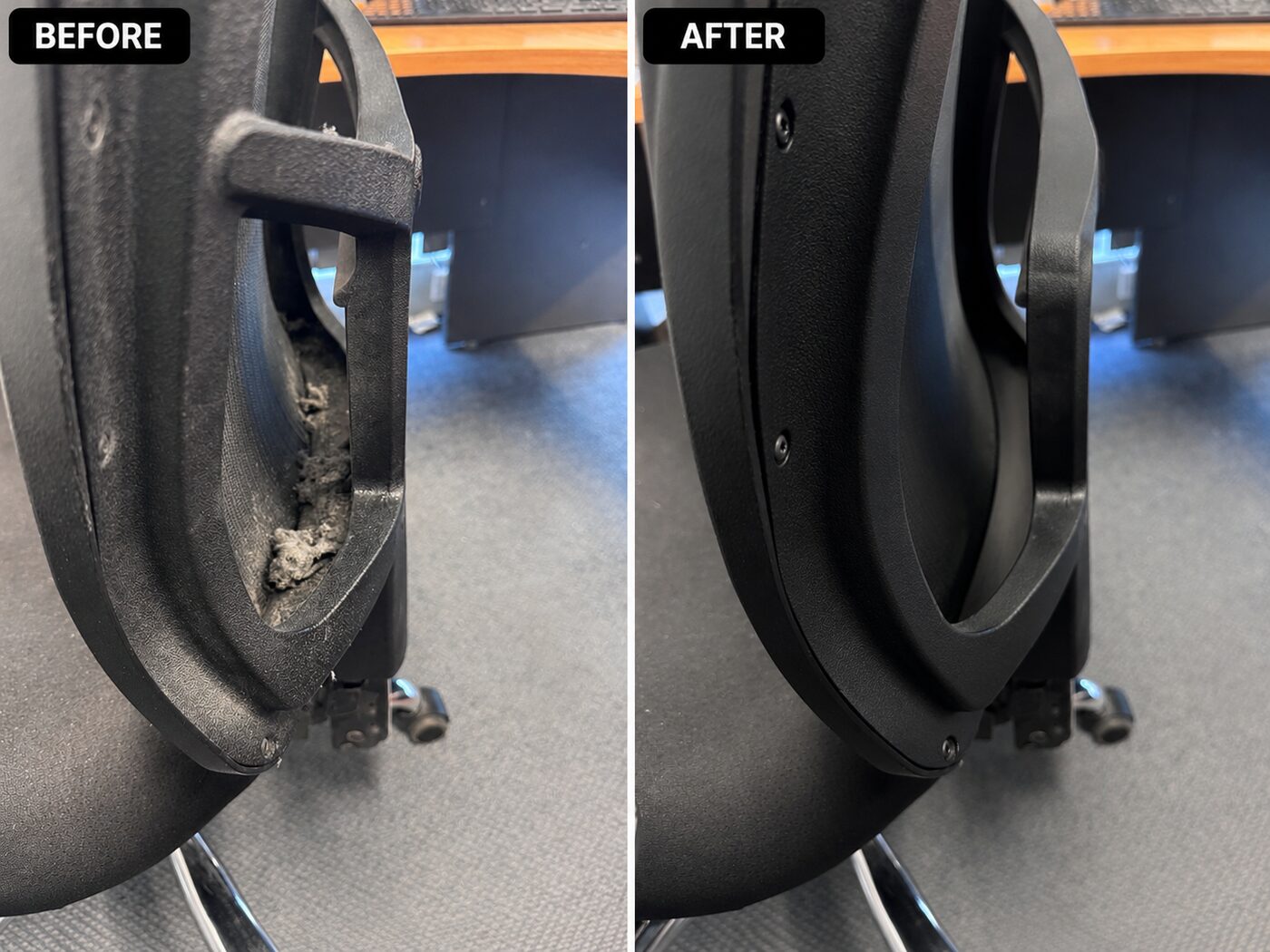 Chair base detail — before and after cleaning by Pink Glove
