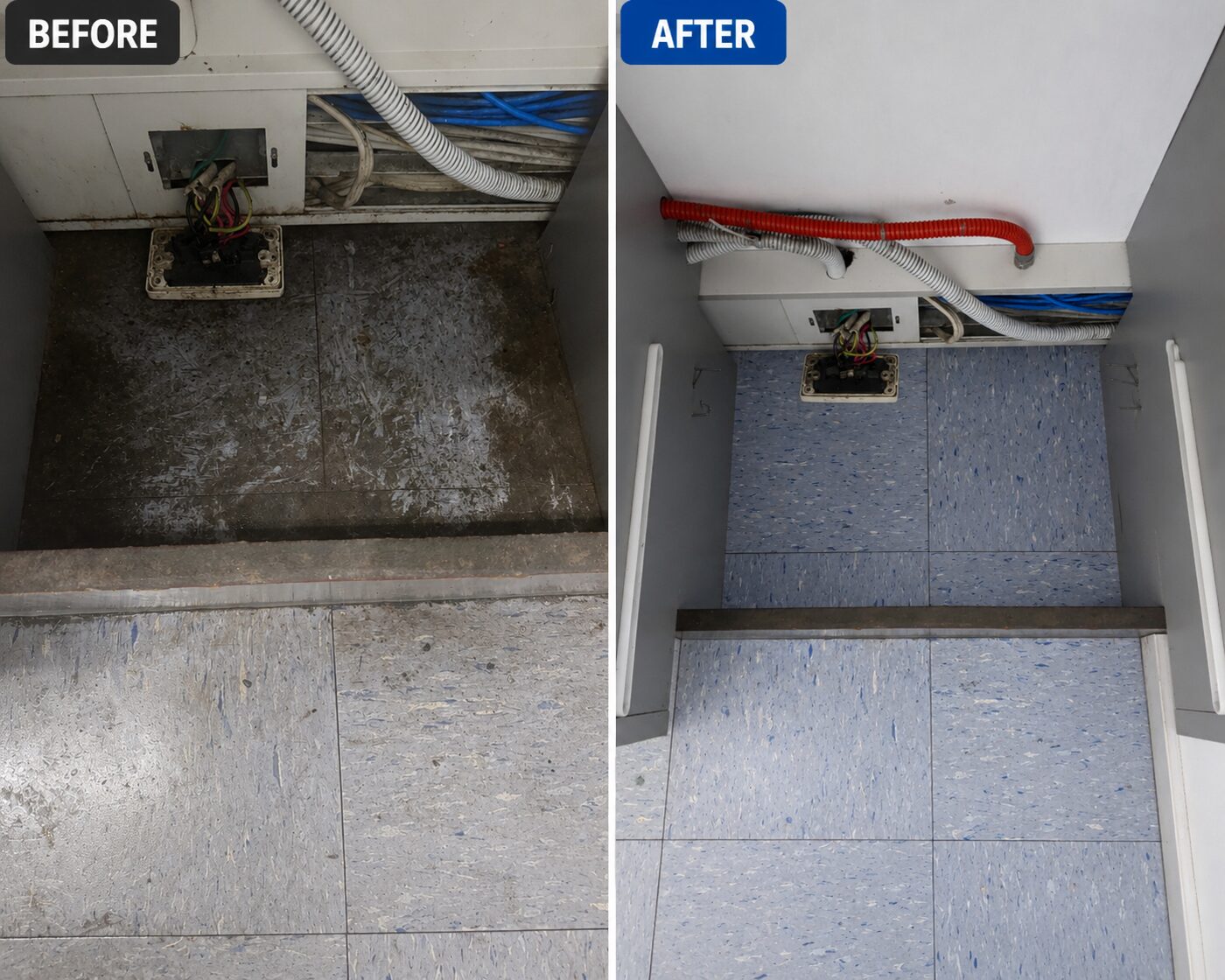 Staff kitchen floor — before and after cleaning by Pink Glove