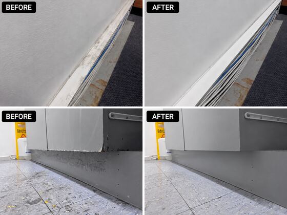 Skirting and floor before and after cleaning