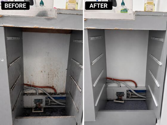 Under sink cabinet before and after cleaning