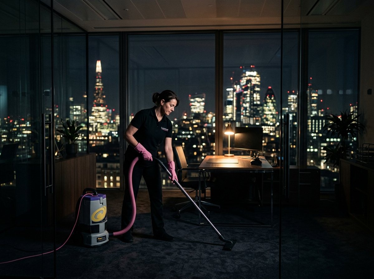 Cleaner vacuuming an empty office at night with city lights outside