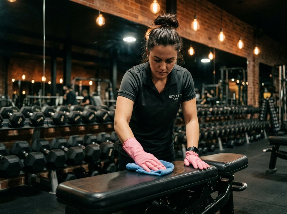 Cleaner sanitising a gym bench with dumbbells racked behind