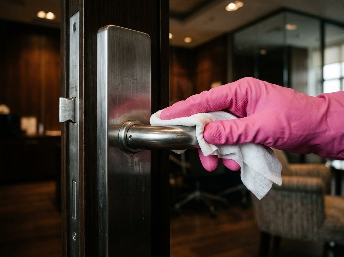 Gloved hand disinfecting a metal office door handle