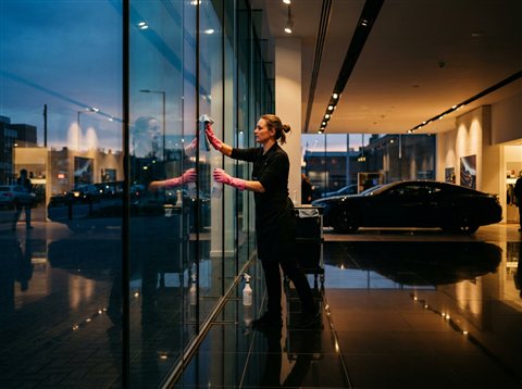 Cleaner polishing floor-to-ceiling showroom glass at dusk