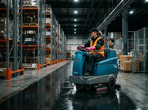 Industrial floor scrubber cleaning a warehouse aisle between racking