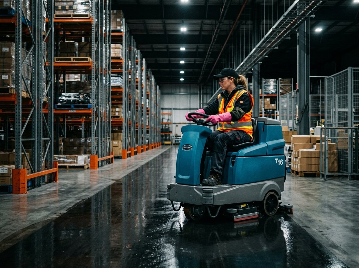 Industrial floor scrubber cleaning a warehouse aisle between racking