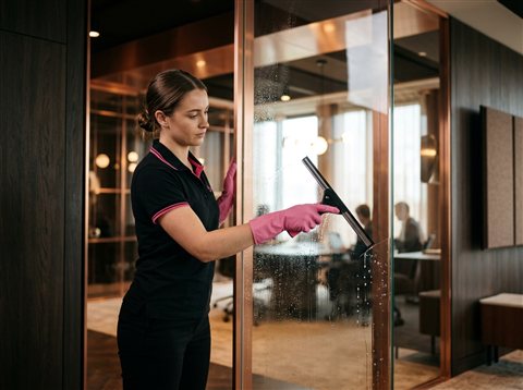 Cleaner squeegeeing a glass office partition streak-free