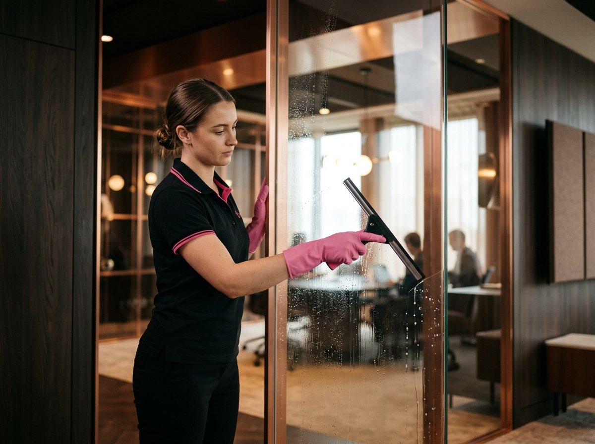 Cleaner squeegeeing a glass office partition streak-free